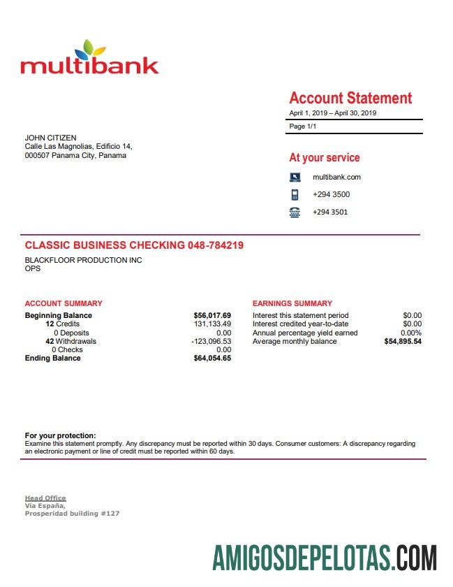 Exemplo de extrato bancário multibanco do Panamá